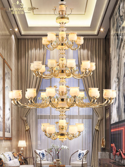 All-copper duplex building living room large chandelier simple new Chinese style mansion self-built house European style villa natural jade lamps