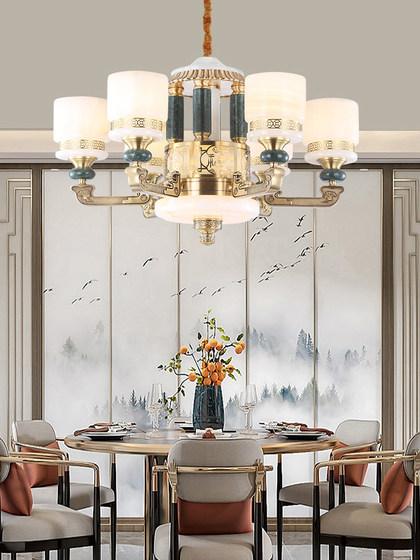 New Chinese-Style All-Copper Living Room Chandelier with Natural Jade, Elegant Dining Room Lamp, Bedroom Chinese-Style Villa Duplex Lighting Fixtures