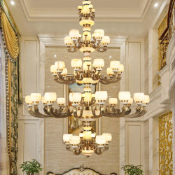 All-Copper Villa Chandelier, Simple European-Style Living Room Lamp, Duplex Floor New Chinese-Style High-Ceiling Lamp, Natural Jade Large Lighting Fixture