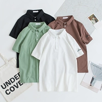 Mùa hè mới phong cách Harajuku áo sơ mi màu rắn POLO Nhật Bản thêu đơn giản ve áo ngắn tay áo thun phiên bản Hàn Quốc của áo sơ mi nam triều áo polo trắng