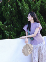 Reduced Age Pretty Foreign Air Broadlegged Pants Suit Women Summer Advanced Fashion Casual Purple T-Shirt Can Salt Two Sets Summer Clothes