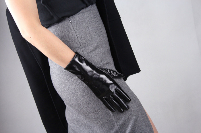 Tech Gloves Faux Patent Leather Wrist Long Short Coffee Black White Touchscreen 28cm LLDLLNT