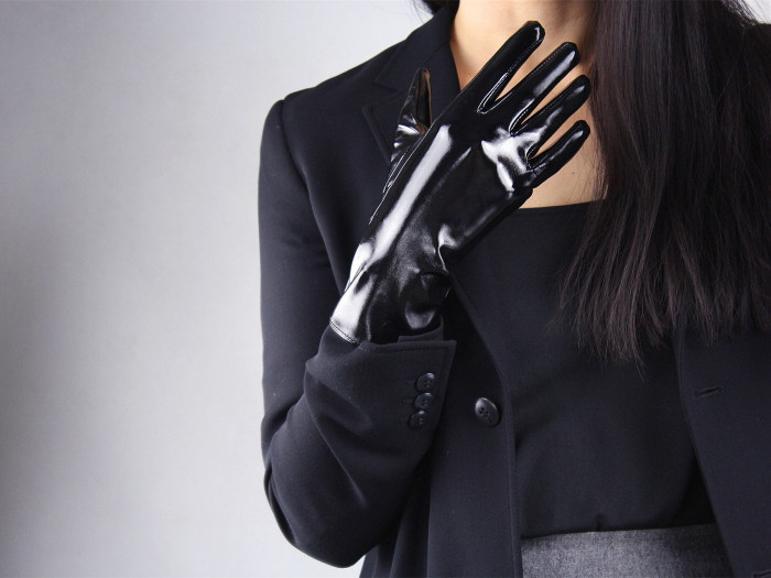 Tech Gloves Faux Patent Leather Wrist Long Short Coffee Black White Touchscreen 28cm LLDLLNT