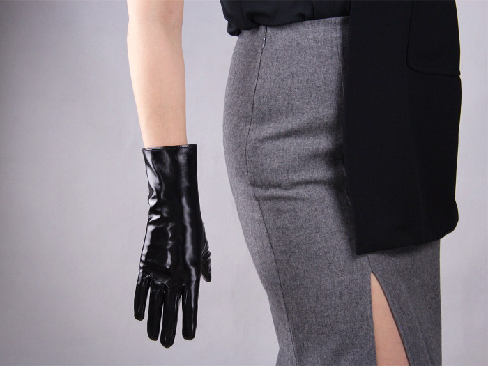 Tech Gloves Faux Patent Leather Wrist Long Short Coffee Black White Touchscreen 28cm LLDLLNT