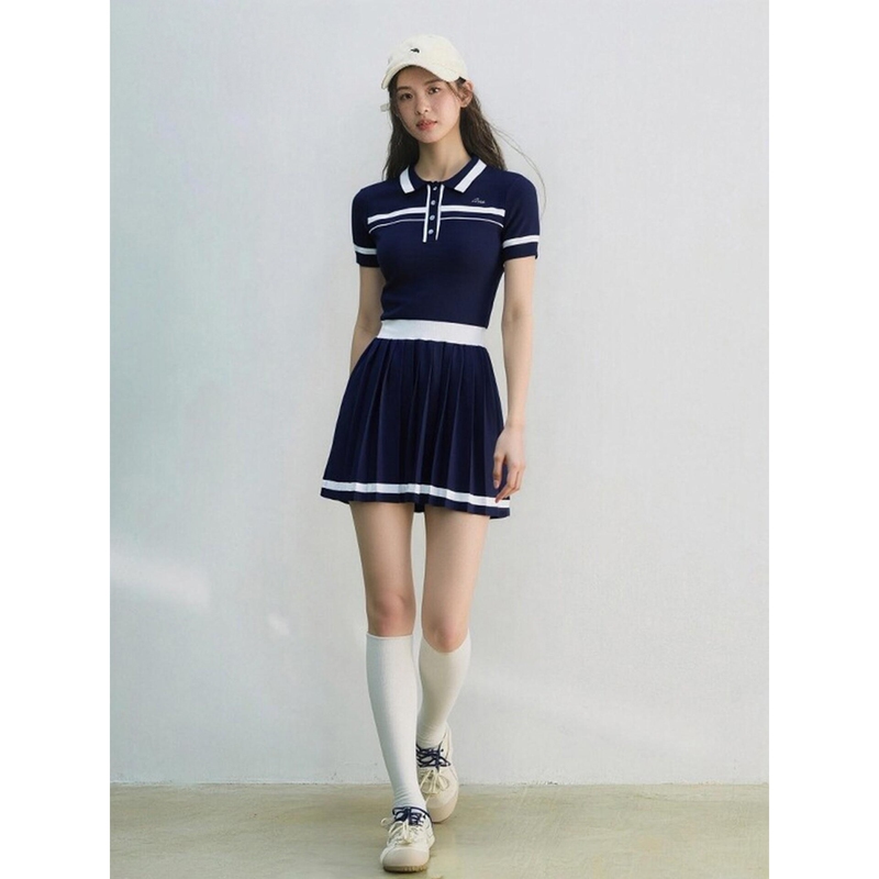Summer Miu-Style Tennis Outfit, Stylish and Age-Reducing, Casual Outdoor Sports Style, Navy Blue Patchwork Dress for Women