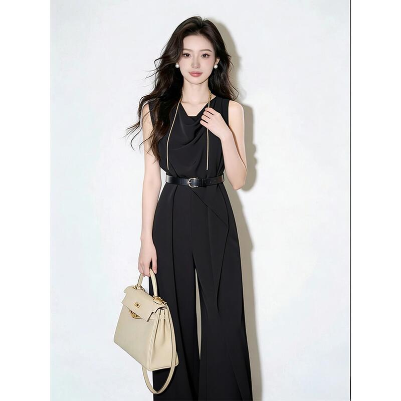 Summer Is a Time of Both Elegance and Chic, with a Light Luxury and Sophisticated Vibe, Exuding a Regal and Stylish Look. a Slimming, One-Piece, Sleeveless Black Jumpsuit