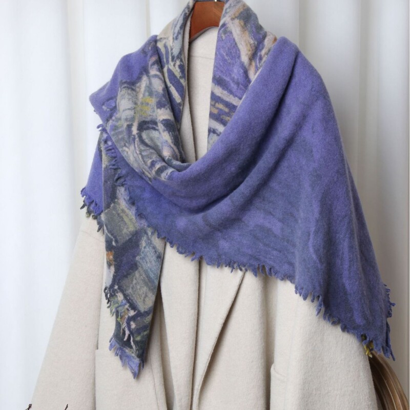Large Size Scarf, Boiled Wool Printed Square Scarf, Unisex Warm Shawl, Travel Air-Conditioned Room Thin Outerwear Cape