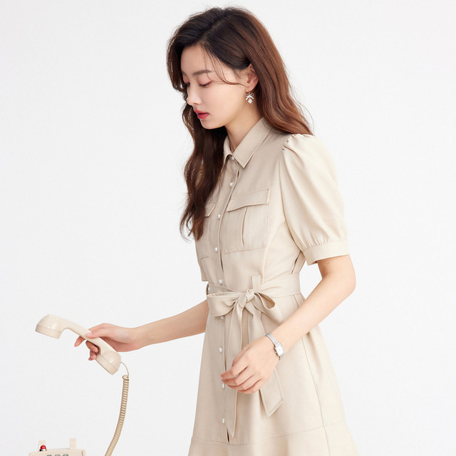 Qiushui Yiren anti-wrinkle workwear dress 2024 summer new women's high-waist shirt dress fishtail slimming