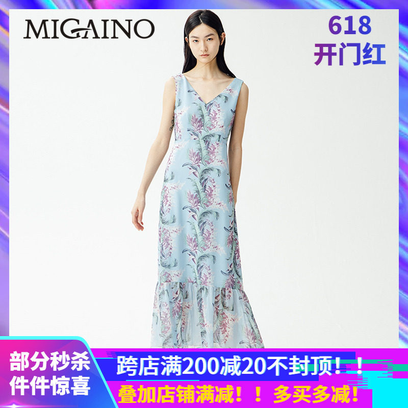 Manyanu shopping mall with the same summer 2019 new temperament V-neck sleeveless floral mid-length dress MJ22DE053