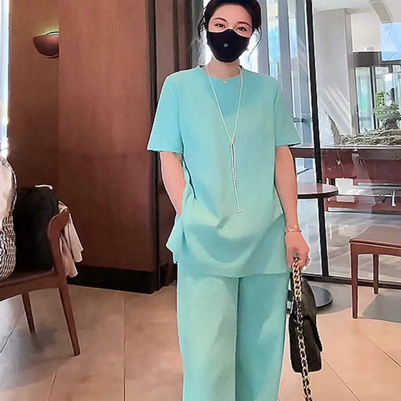Gentle Mint Green Two-Piece Set, Skin-Friendly and Breathable Short-Sleeved Elastic Drawstring Wide-Leg Pants, Home and Outdoor Casual Set Gentle Mint Green Two-Piece Set, Skin-Friendly and Breathable Short-Sleeved Elastic Drawstring Wide-Leg Pants, Home and Outdoor Casual Set