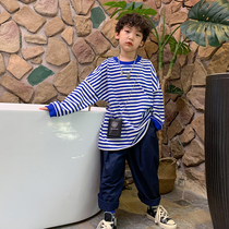 High sweet pear vortex original navy style striped long sleeve T-shirt children Spring and Autumn New loose fashion male and female children Leisure