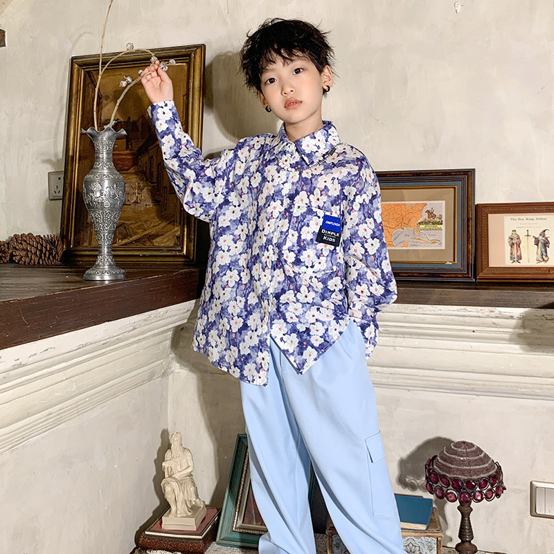 High sweet pear vortices children early autumn new 2021 children dress foreign Han Fan fashion blouse boy crushed flower long sleeve shirt