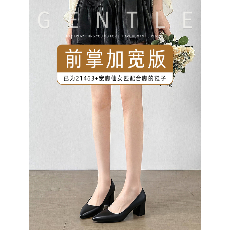 Wide-Footed, Fat-Footed, Plus-Size Women's Shoes, Sizes 41 to 43, French-Style Pointed-Toe High Heels, Elegant Chunky Heels, Professional Commuting Work Shoes