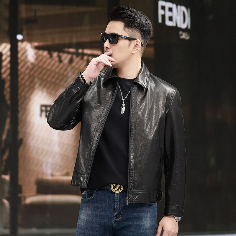 Spring Haining Genuine Leather Jacket for Men, Short Style, First Layer Cowhide, Lapel, Slim Fit, 2026 New Men's Leather Jacket