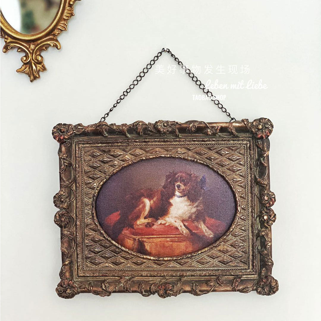 Beautiful things happen scene home soft retro pet dog oil painting golden chain frame decorative painting