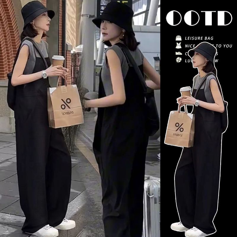 Maternity Pants with a Youthful and Casual Design, Black Overalls Set, Plus Size, Loose Fit, Wide-Leg Suspender Pants for Women