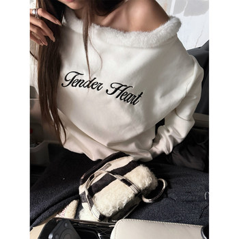 Mungsera's Original American-Style Spicy Girl Embroidered Off-Shoulder Furry White Fleece Sweatshirt