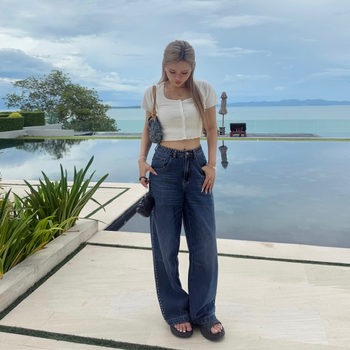 Mungsera'Rivet Vibe' Private Label Heavy Beaded Denim Low-Waist Wide-Leg Straight Pants