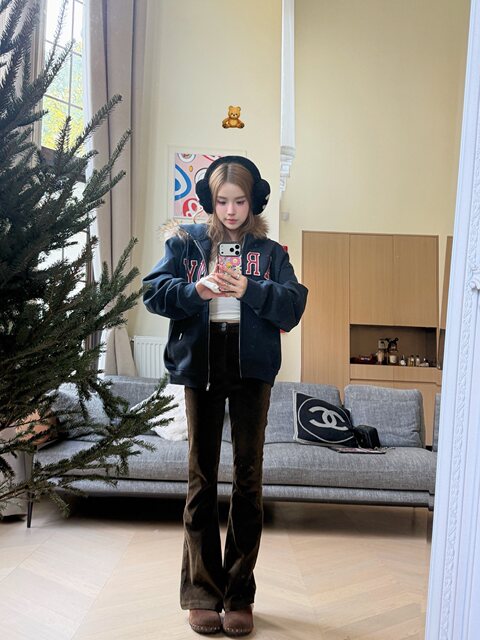 Mungsera'American Special Edition' Navy Blue Thick Embroidered Letter Sweatshirt Jacket