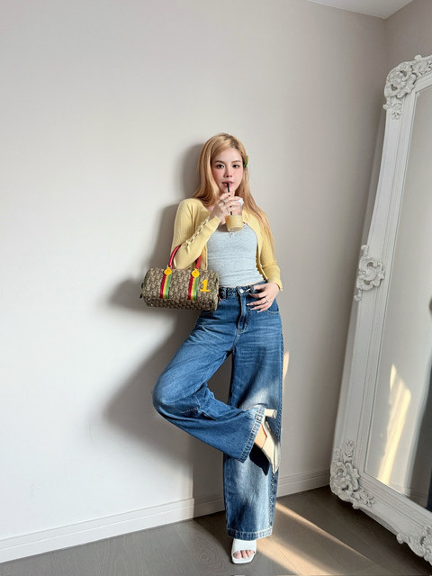 Mungsera'Rivet Vibe' Private Label Heavy Beaded Denim Low-Waist Wide-Leg Straight Pants