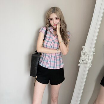 Mungsera's Original Retro Plaid Cinched Waist Slim-Fit Shirt Plaid Short-Sleeve Shirt