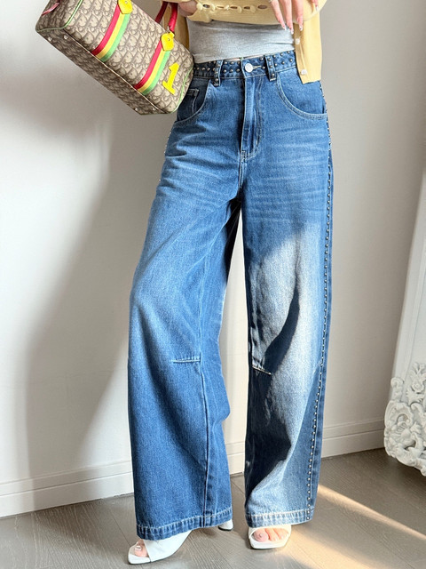 Mungsera'Rivet Vibe' Private Label Heavy Beaded Denim Low-Waist Wide-Leg Straight Pants