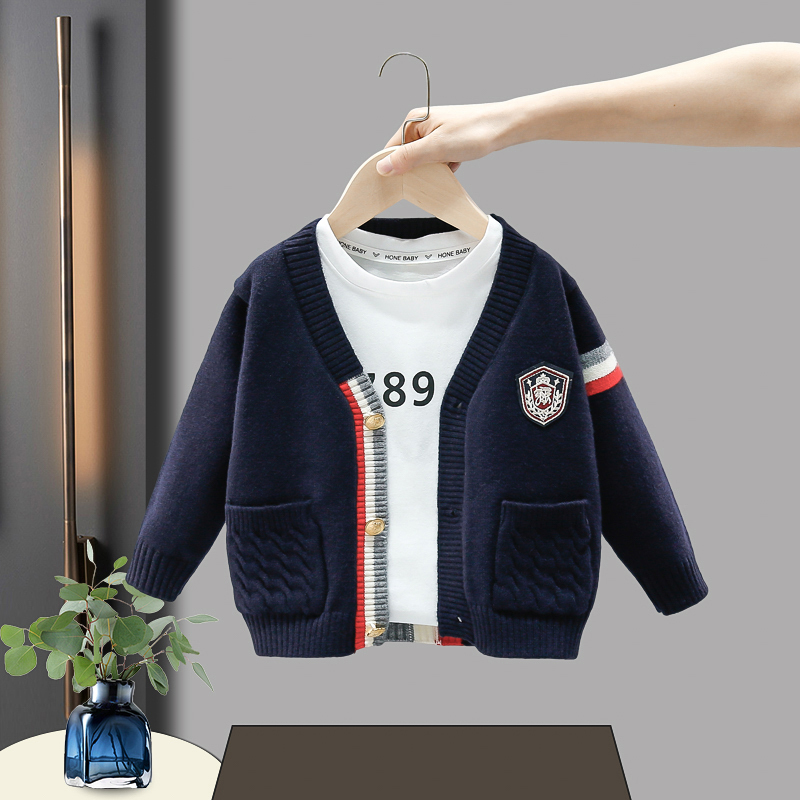 French Boys' Spring and Autumn Sweater Cardigan 2024 New Baby Preppy Style Knitwear Children's Casual Sweater