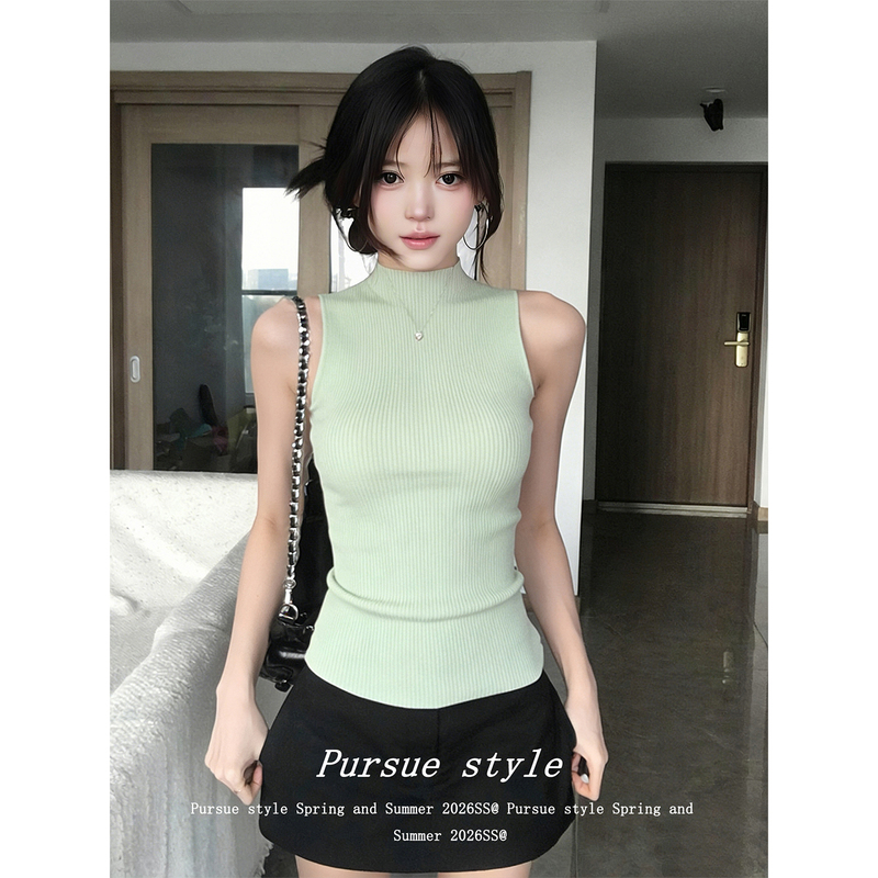 【Mint Knit Summer】Mint Green Knitted Vest for Women, New Summer Style, High-Neck Sleeveless T-Shirt, Off-Shoulder Elegant Top