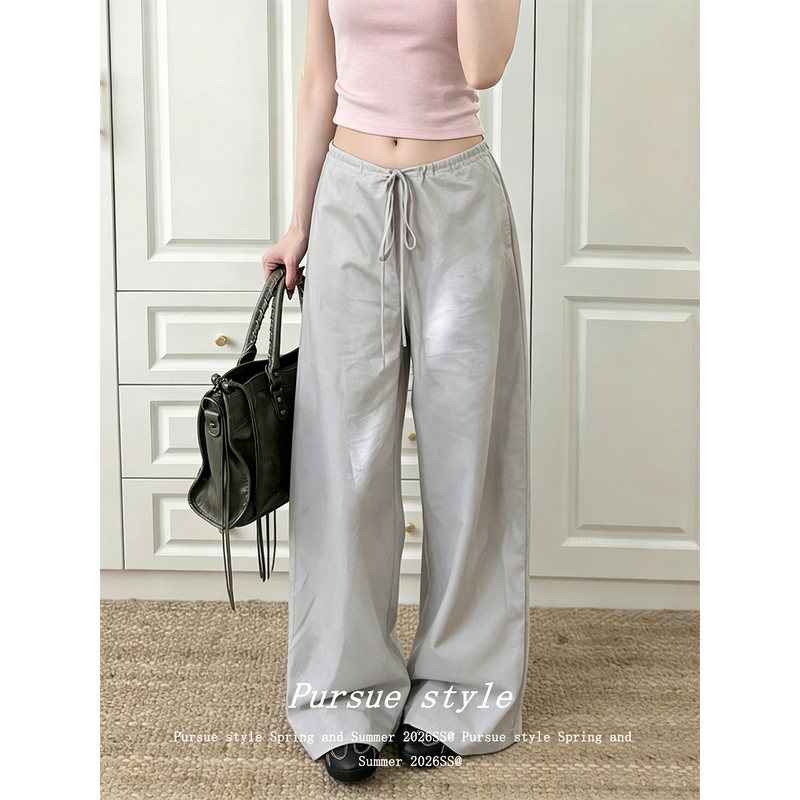 [Pearl Gray Tone] American-Style Gray Parachute Pants for Women, Summer Quick-Dry Casual Pants, Loose Drape Wide-Leg Floor-Length Pants