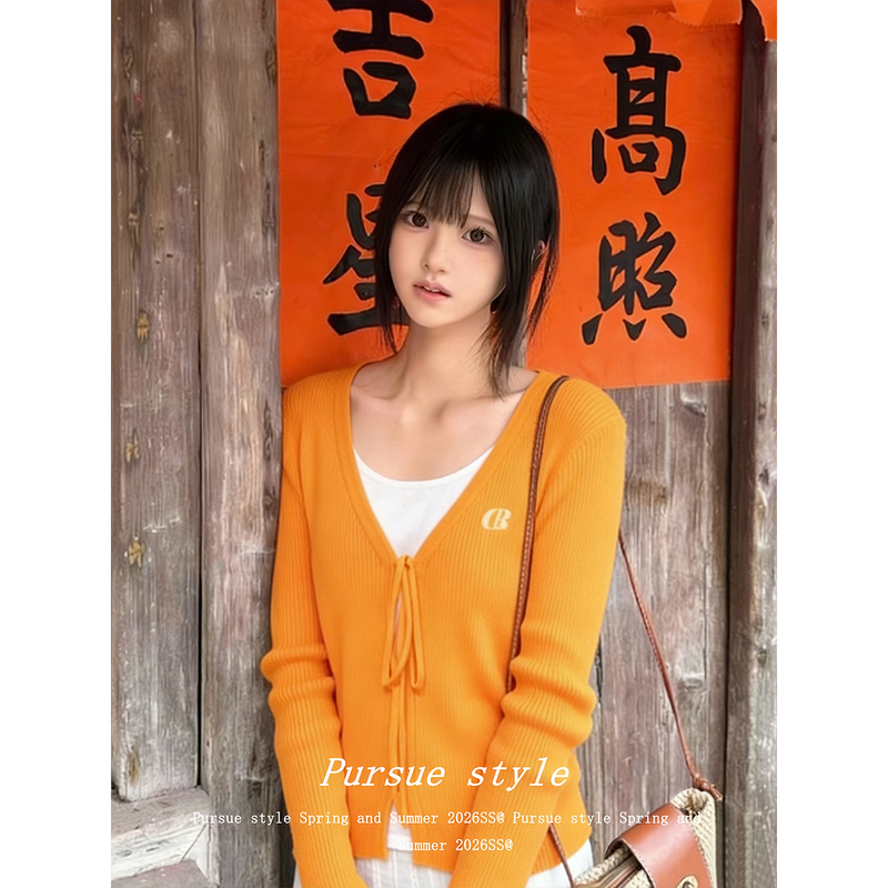 【Orange Soda】Unique and Stylish Knitted Cardigan for Women, Spring Season, Tie-Up Long-Sleeve Orange Dopamine Top, Trendy