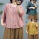 Commuting simple solid color ramie cardigan top for women summer three-quarter sleeve loose baby style slimming shirt
