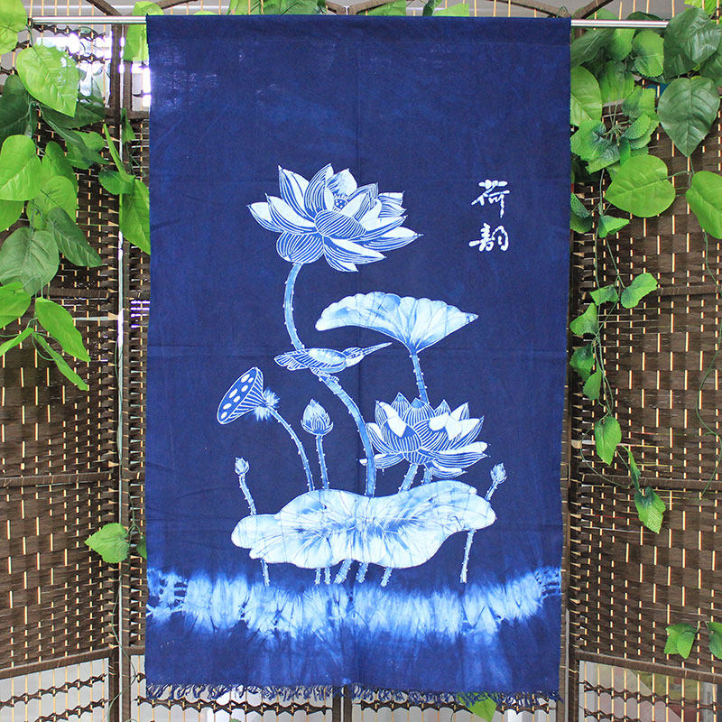 Batik decorative painting lotus rhyme fabric door curtain with fringe blue dye background painting tie-dye style hanging painting living room Chinese painting