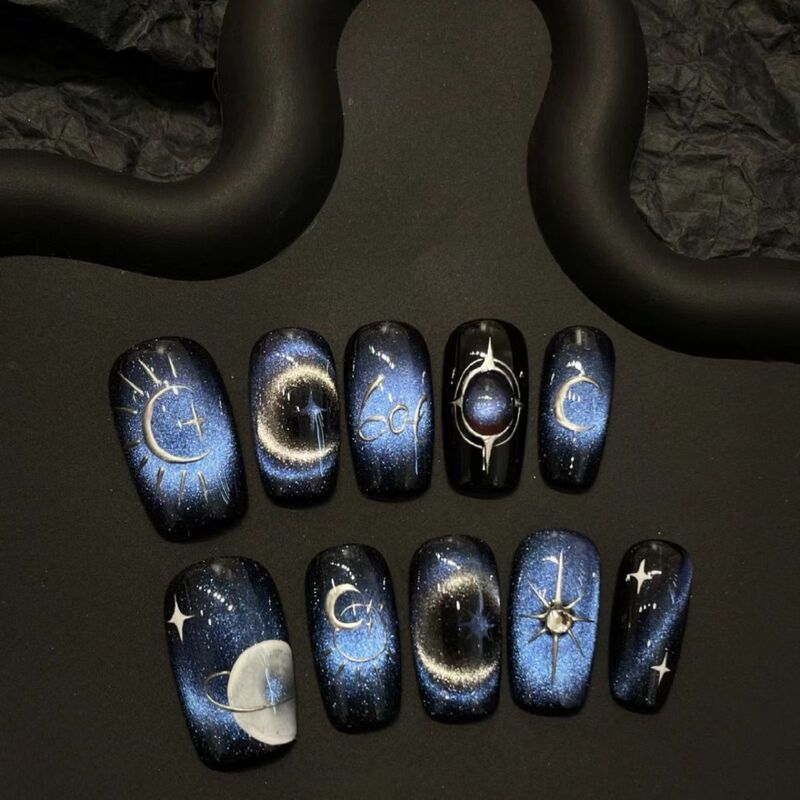 Purely Handmade Wearable Hot Girl Short Manicure Cat Eye Dark Planet Removable Patch High-End Starry Sky Nails