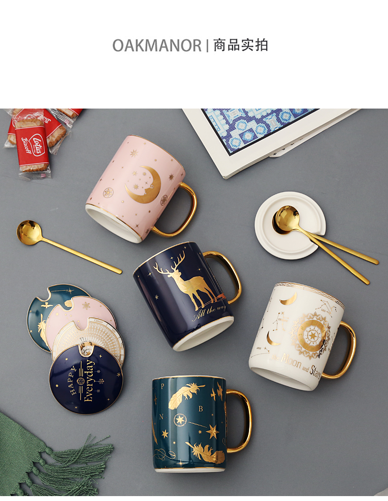 Nordic contracted literary elk mark cup with cover teaspoons of coloured drawing or pattern household glass ceramic cup constellation lovers coffee cup