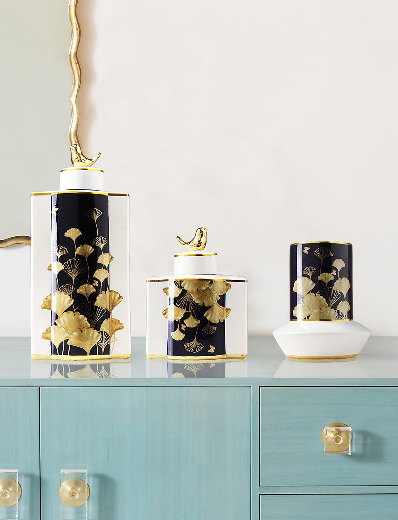 New Chinese style light key-2 luxury gold leaf ceramic pot of storage tank furnishing articles candy jar sitting room adornment porcelain jar with cover the receive tank