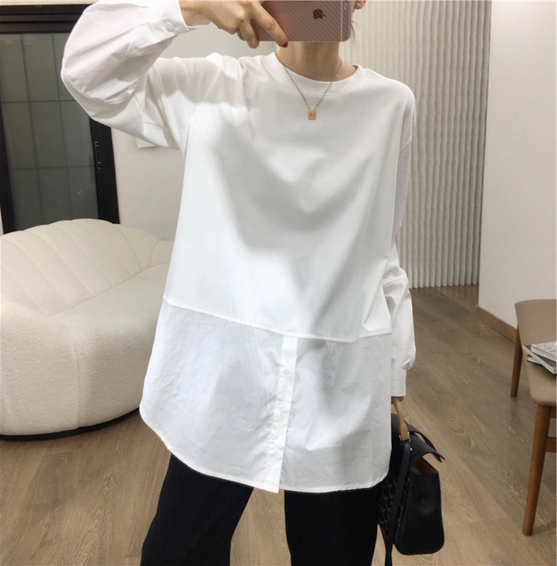 Korean Design Cotton T-Shirt Patchwork Shirt Spring and Autumn Korean Style Loose Round Neck White Long-Sleeve Base Shirt Top