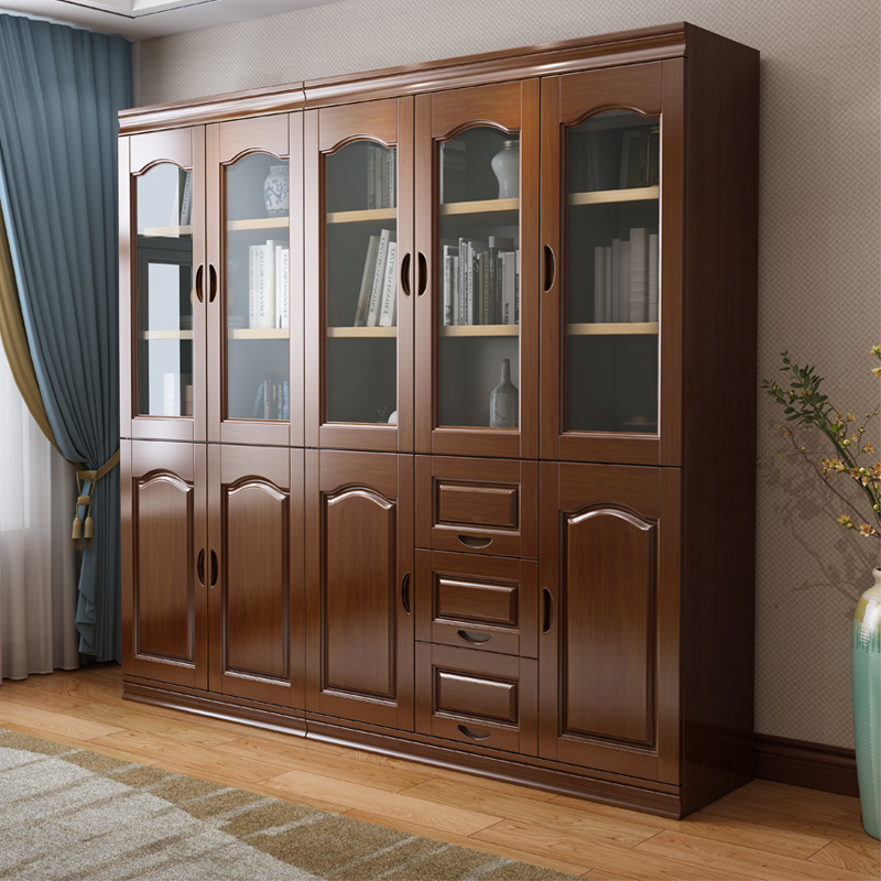 Chinese-style solid wood bookcase floor-to-ceiling combination with glass door simple modern study bookcase bookshelf wooden storage cabinet