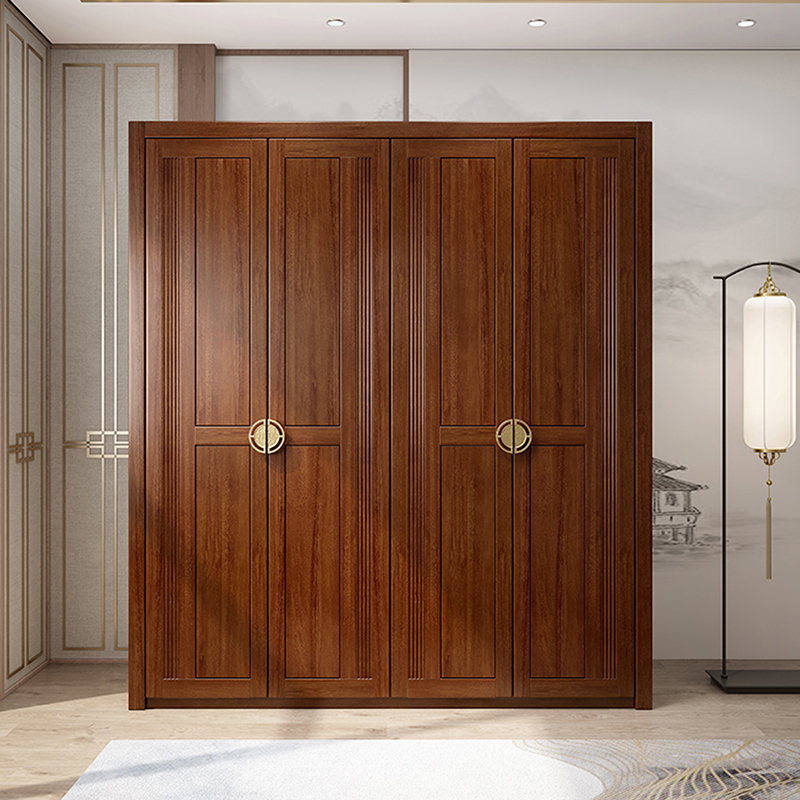 New Chinese Solid Wood Wardrobe Brief Modern Solid Wood Big Wardrobe Assembled Bedroom Gold Silk Sandalwood Solid Wood Four Doors Wardrobe