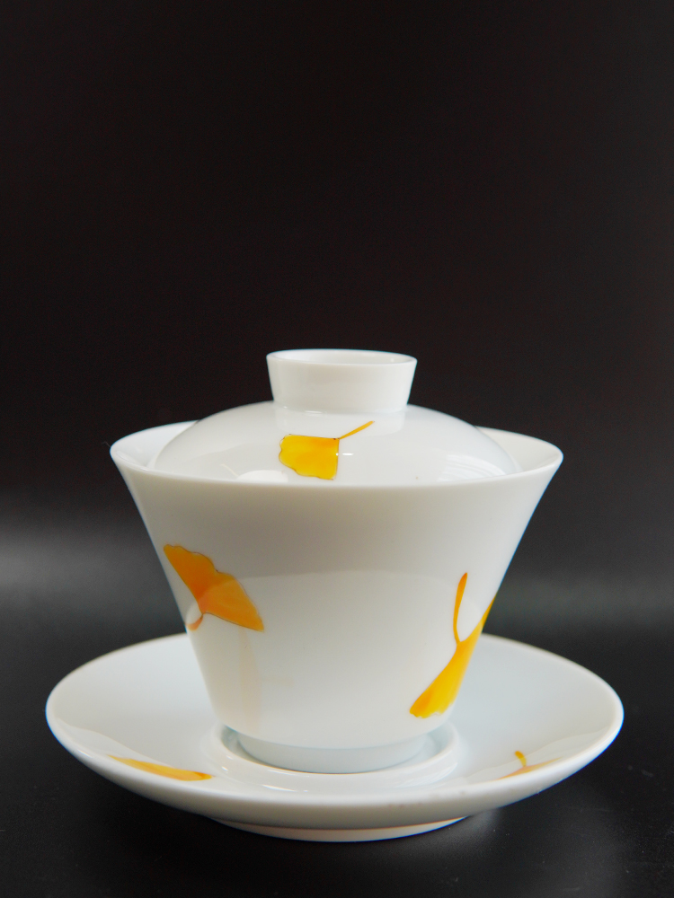 Cover bowl for drinking Pu'er tea with lid bowl Gingko Cover Bowl glaze Lower color Quanzhou Dehua Chinese 150 ml
