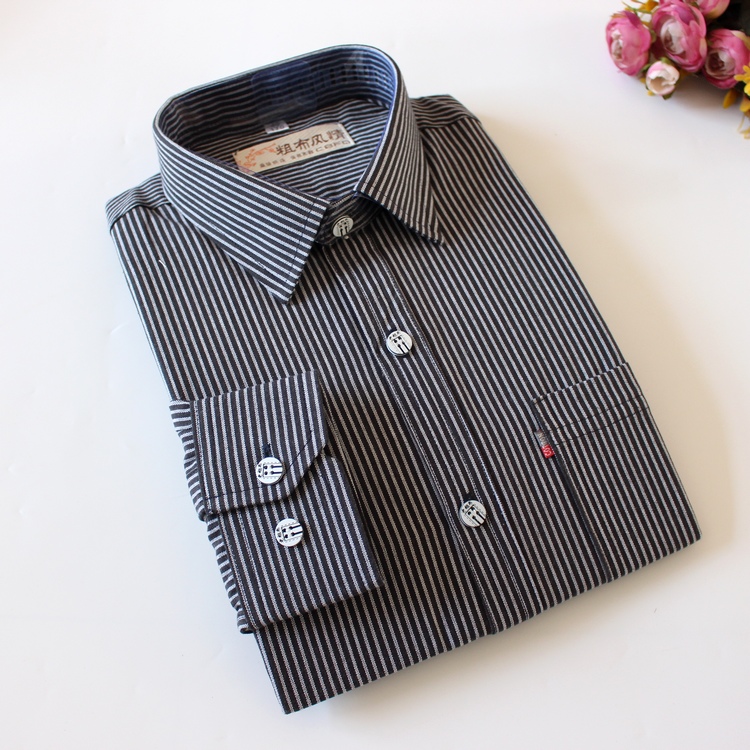 Ưu đãi đặc biệt cũ vải thô sọc dọc áo cotton nam áo sơ mi sọc dài tay công sở quần jean áo sơ mi
