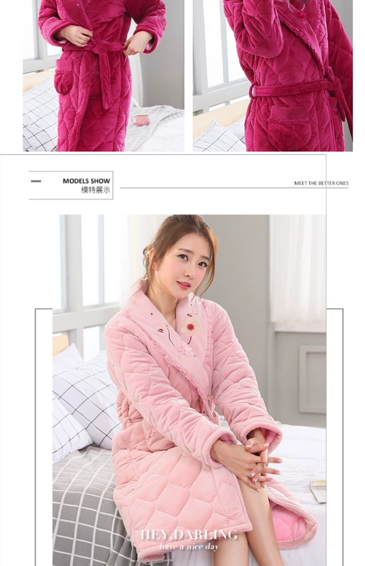 Áo choàng tắm cho nữ Winter Flannel Ấm áp dày cộng với áo dài nhung nhung Cotton Áo ngủ nữ Winter Plus nhung Áo choàng tắm - Night Robe