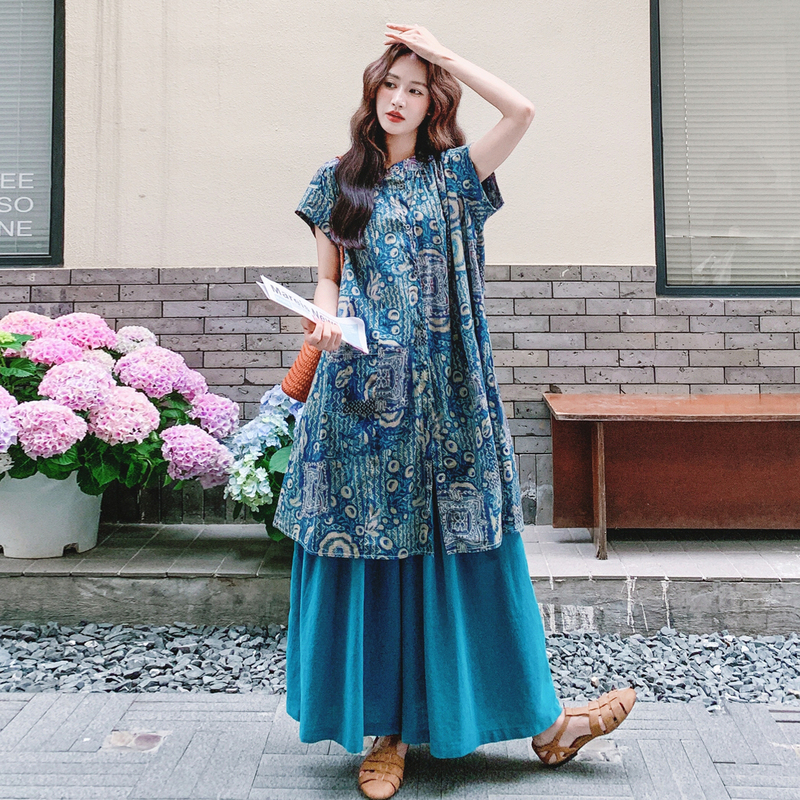 New Chinese-Style National Style Tie-Dye Printed Shirt and Wide-Leg Pants Two-Piece Set for Women, 2026 Summer New Loose Slimming Outfit