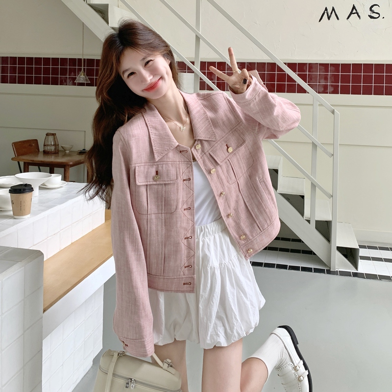 Pink Lapel Design Pink Denim Short Jacket for Women 2026 Spring and Autumn New Korean Style Age-Reducing Jacket Top