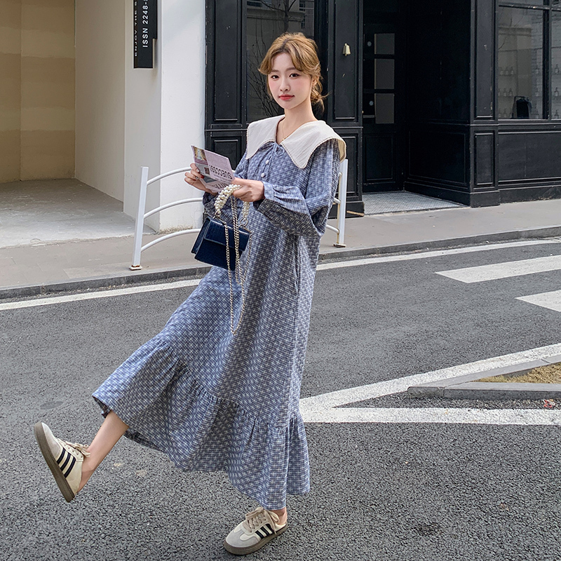 Blue Plaid Sailor Collar Dress for Women 2026 Spring and Autumn New Korean Style Preppy Literary Sweet Long Dress