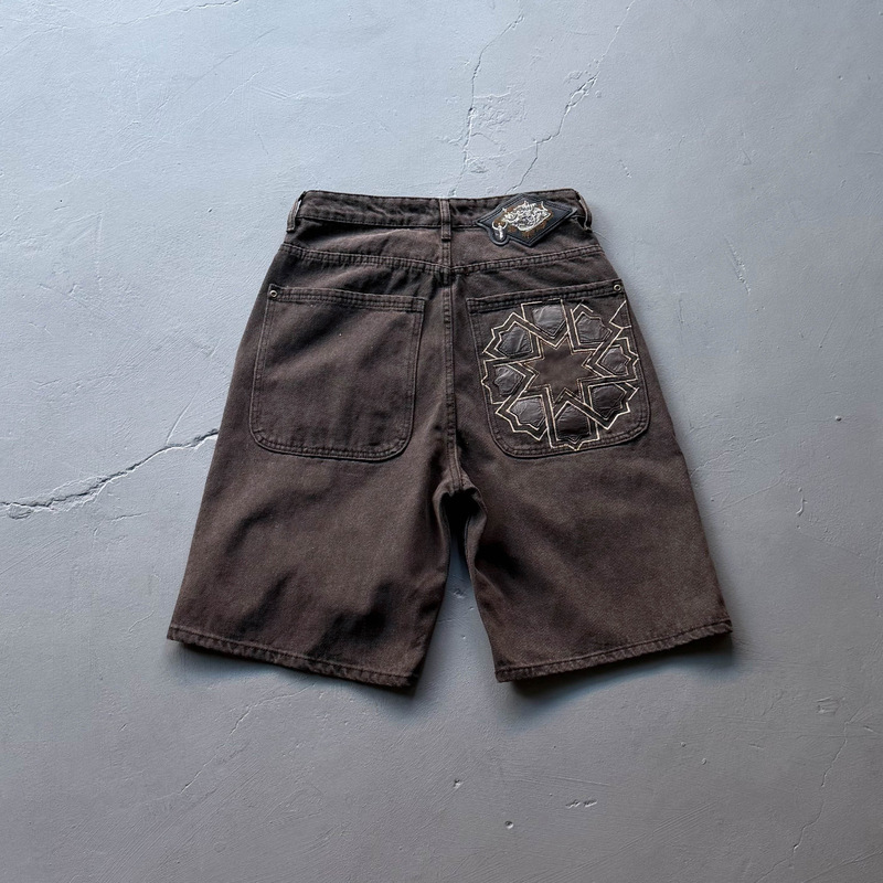 Derschutz Chrome Cool Style American Heavy-Duty Leather-Look Denim Shorts Trendy Brand Mid-Length Pants