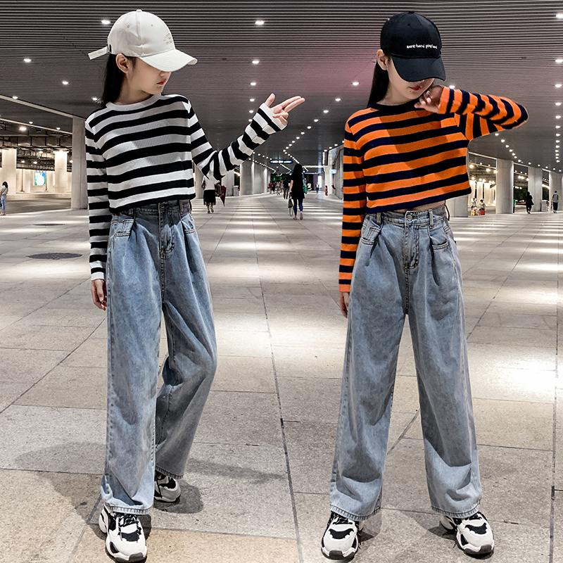 Different parent-child suits Western style mother and daughter long-sleeved striped jeans early autumn middle-aged girls two-piece suit