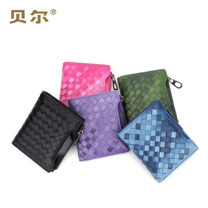 贝尔真皮女钱包甜美宴会休闲纯色羊皮手工编织多功能短款钱包女包