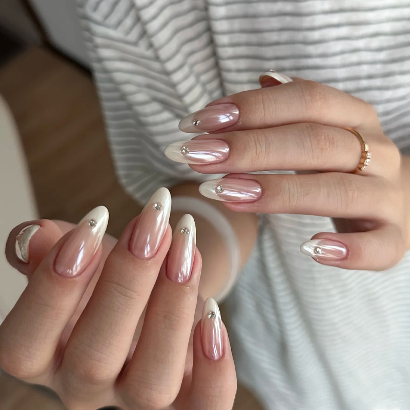 Handmade Press-On Nails, Haili Nude White French Style with Sparkling Diamonds, Medium Length, 2026 New Model, High-End and Stunning Almond Nails