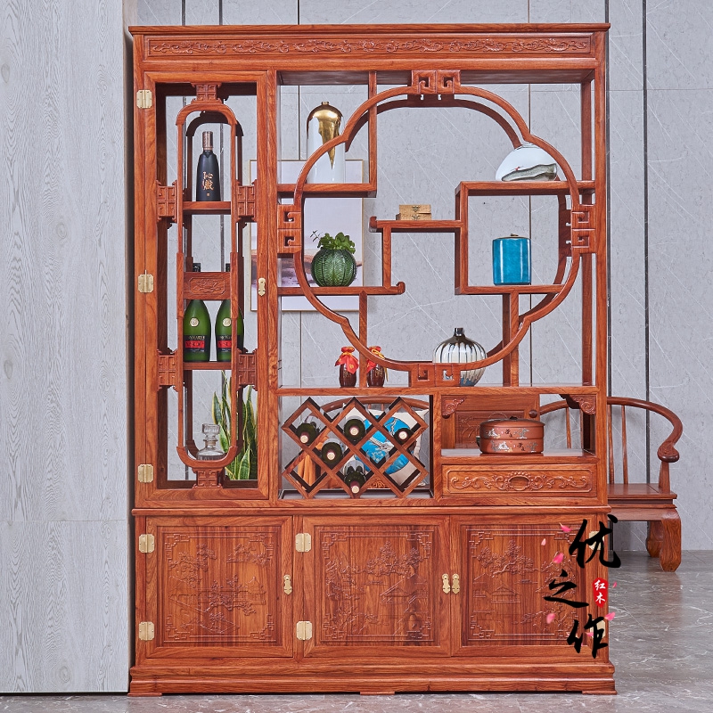 Red Wood Chinese Style Xuanguan Cabinet Flowers Pear Wood Living Room Cubicle Wine Cabinet Rack Hedgehog Purple Sandalwood Solid Wood Bifacial Carved compartment cabinet