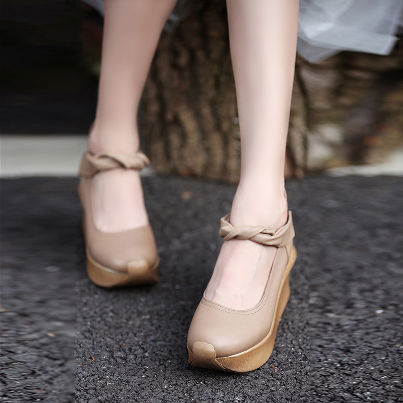 Spring and Autumn New Style Wedge Heel Genuine Leather High Platform Non-Tiring Velcro Wedge Heel Women's Shoes Waterproof Platform Shallow Mouth Single Shoes for Women